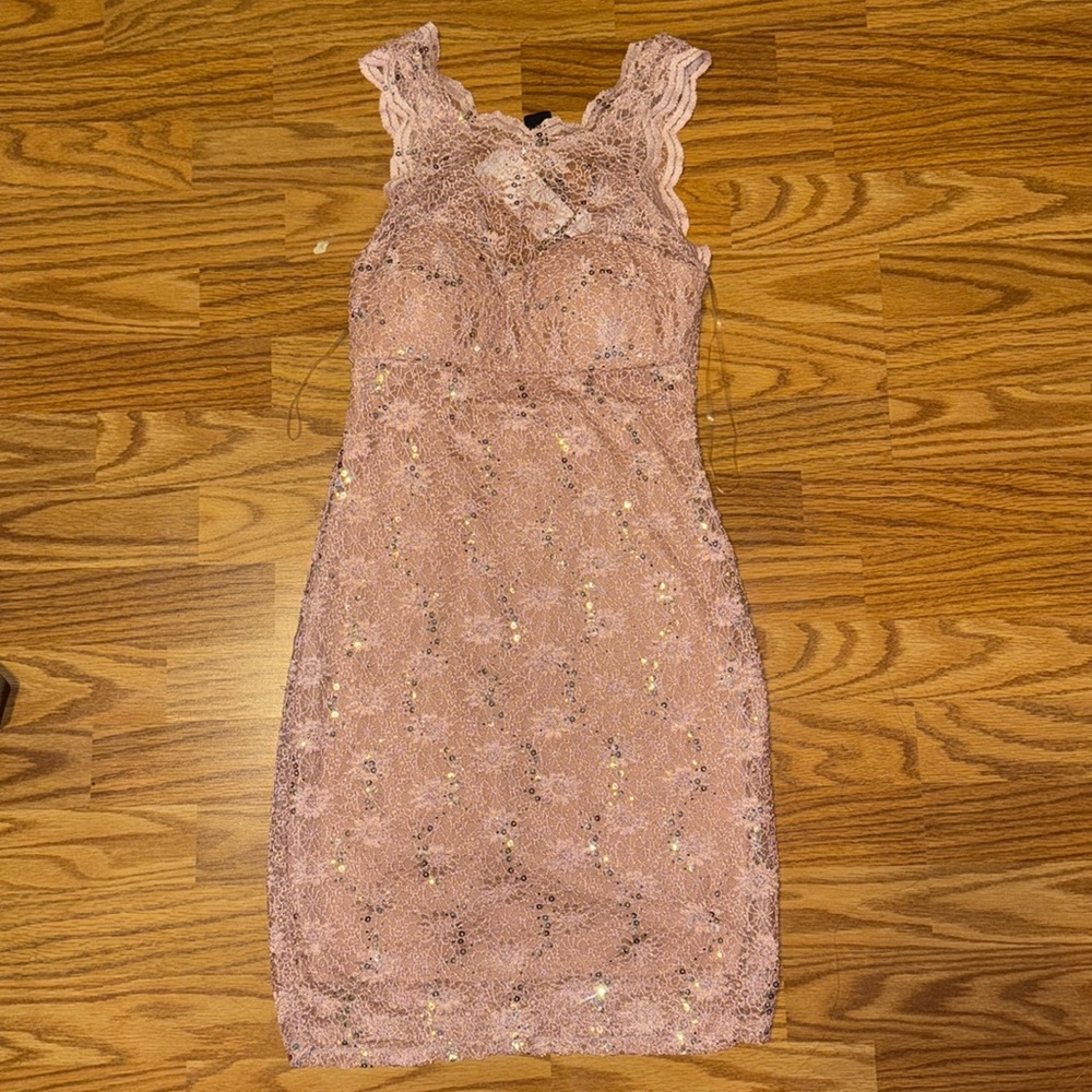Pink sequins and mesh overlay mini dress